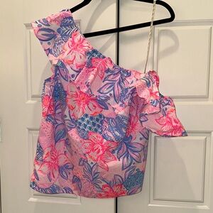 Lilly Pulitzer Pink and Blue Floral One-Shoulder Blouse